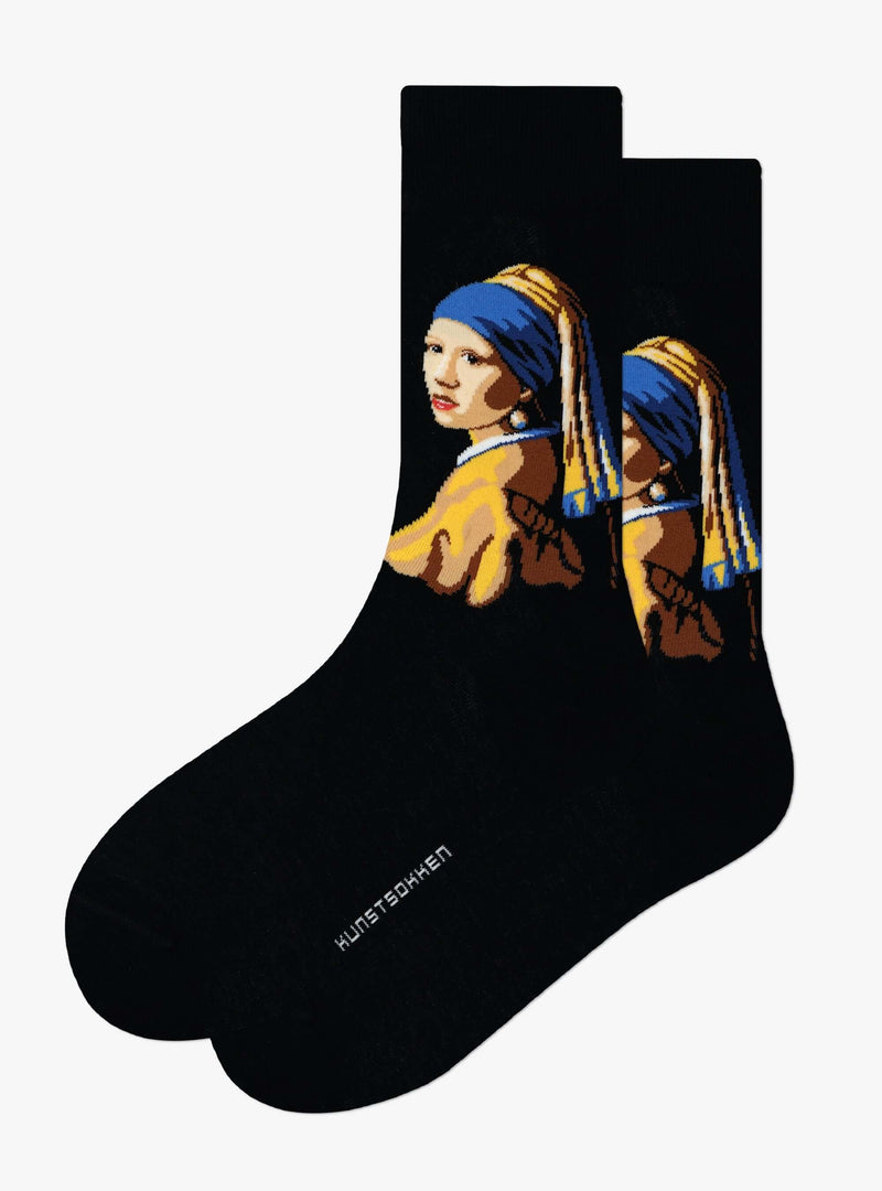 Meisje met de Parel sokken van Kunstsokken naar Johannes Vermeer, zwart met het meisje met de parel