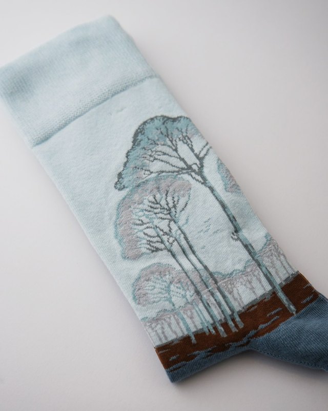 Les arbres autour de la jambe, le champ en bordure brune.