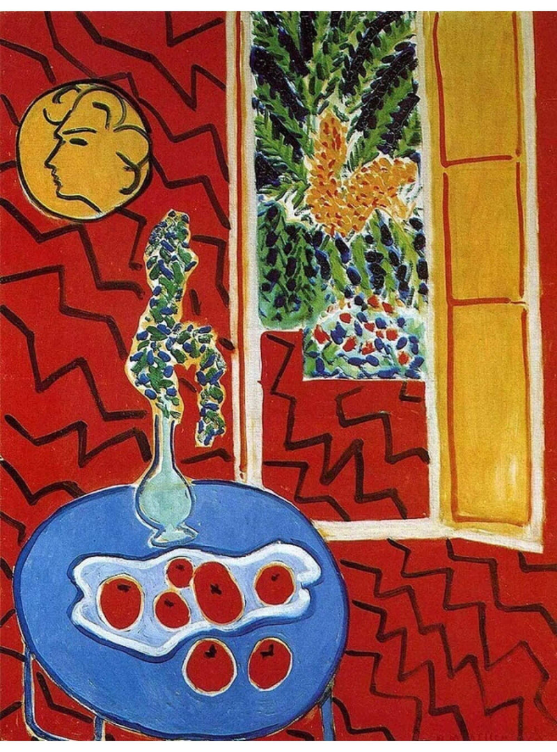 Rotes Interieur, Stillleben auf blauem Tisch