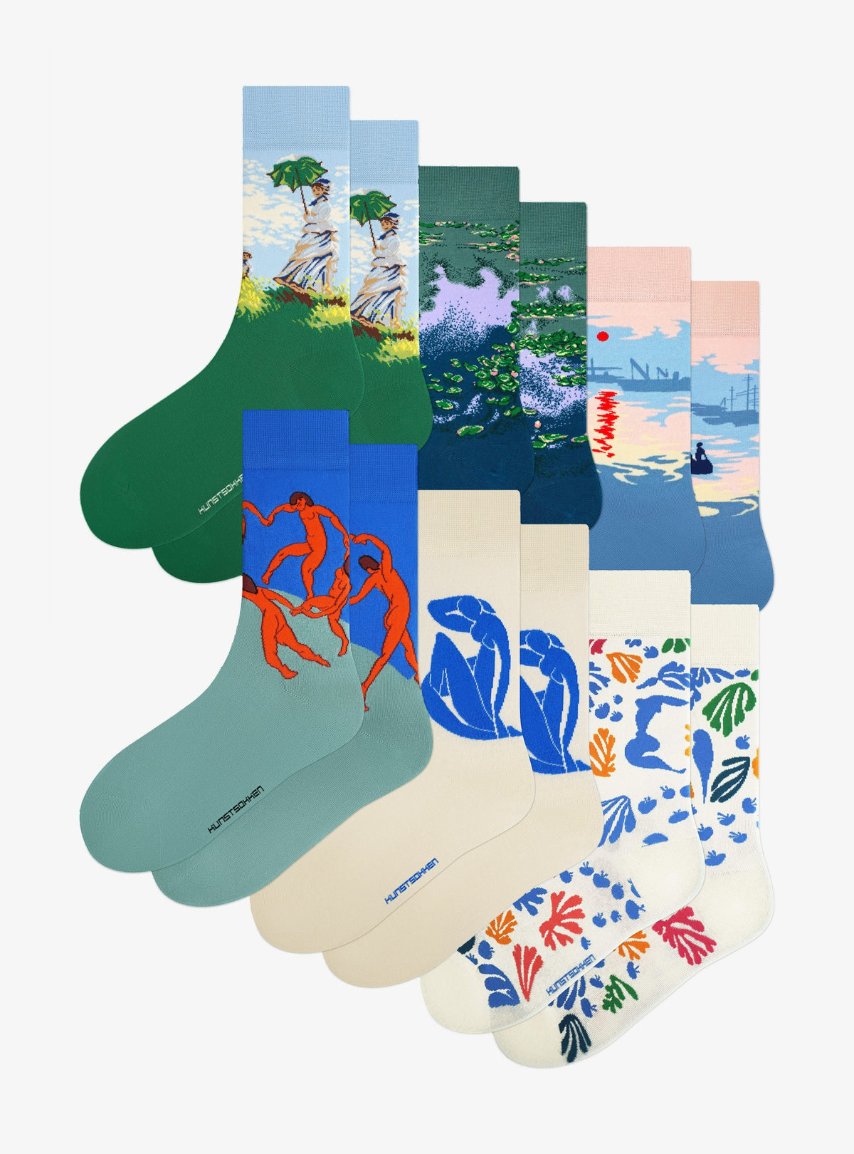Französische Meister 6er-Pack von Kunstsokken: Frau mit Sonnenschirm, Seerosen, Impression, Sonnenaufgang, Der Tanz, Blauer Akt und Der Papagei und die Meerjungfrau Socken